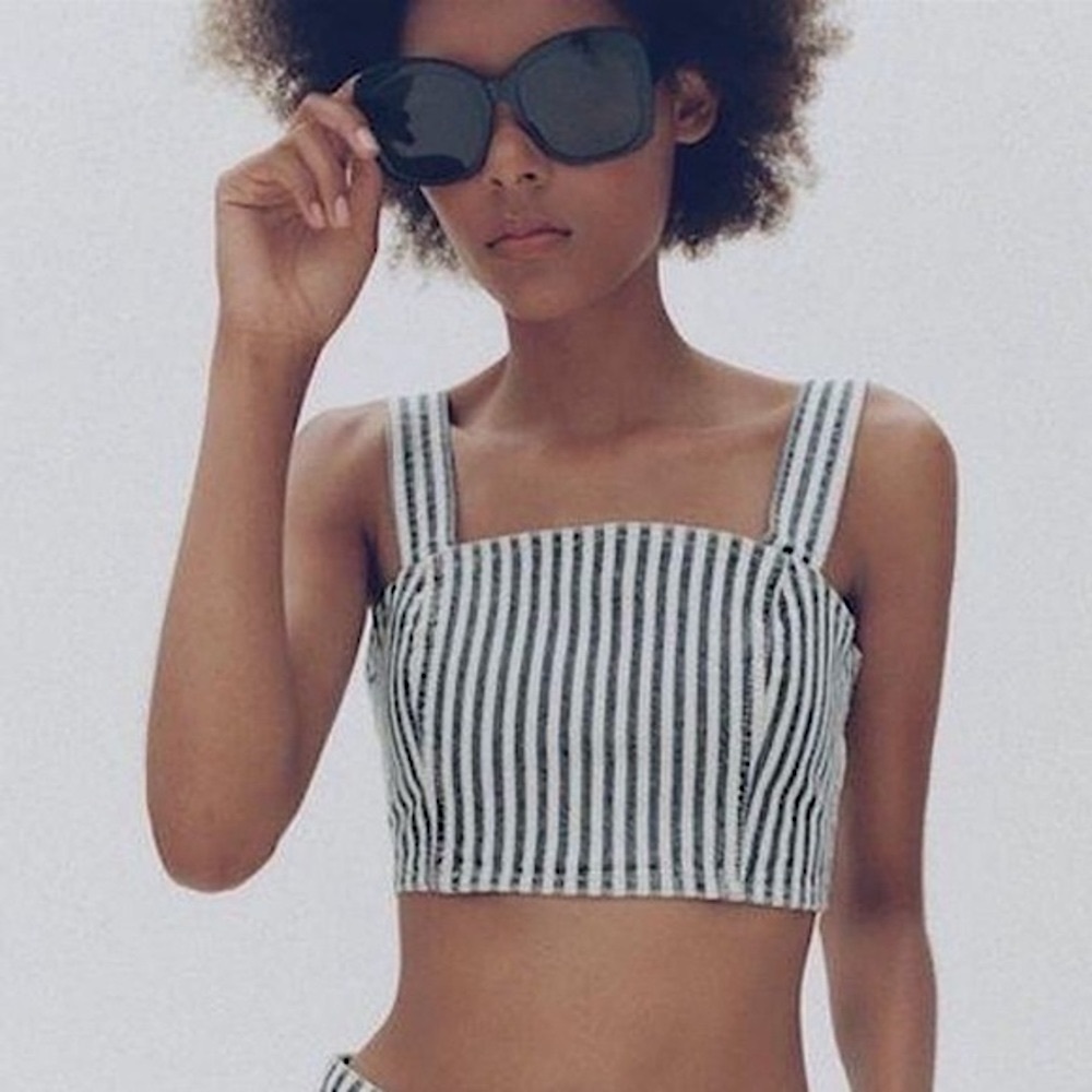 NWT Zara Blue White Denim Striped Crop Top | Size Medium